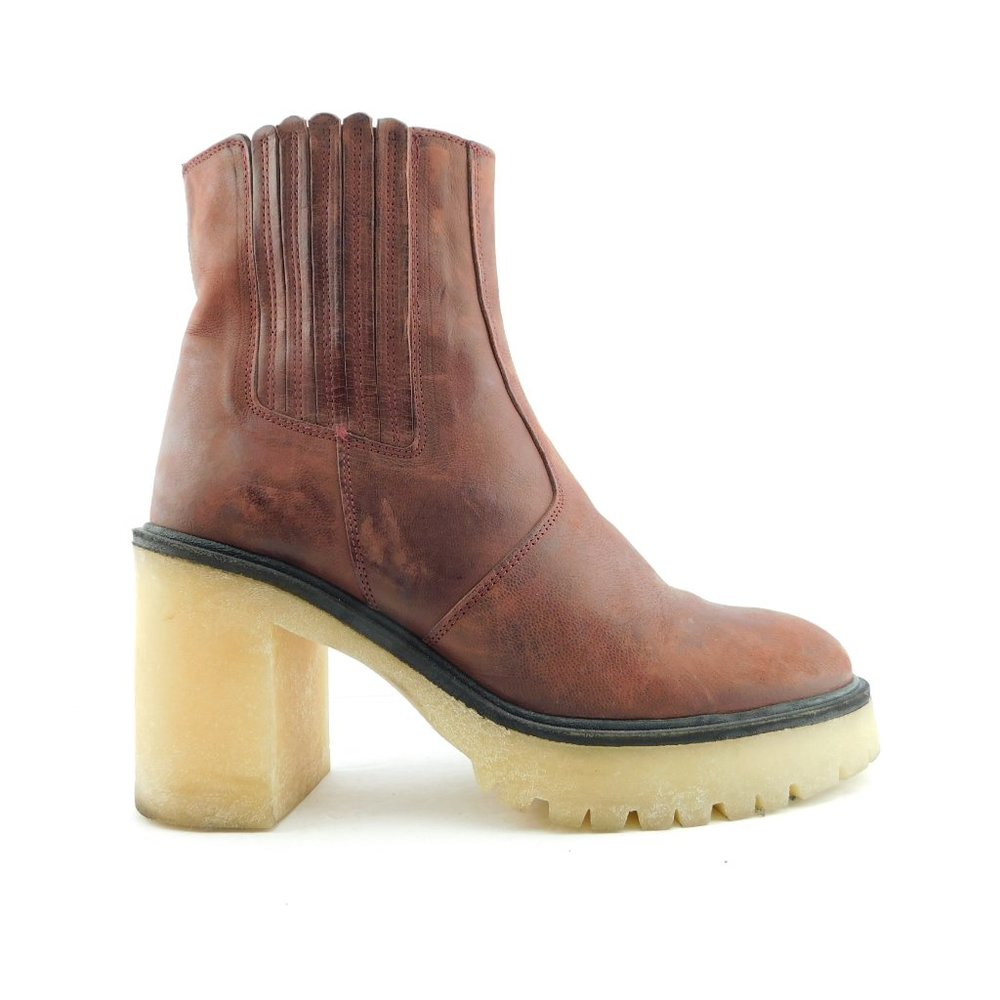 FREE PEOPLE Chocolate Cherry Leather Lug Platform Block Heel Ankle Boots 38.5